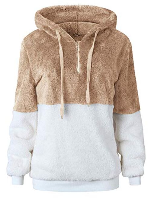 Women Casual Double Fuzzy Sweatshirt Faux Fleece Zip Pullover Hoodies Coat Outwear S-XXL
