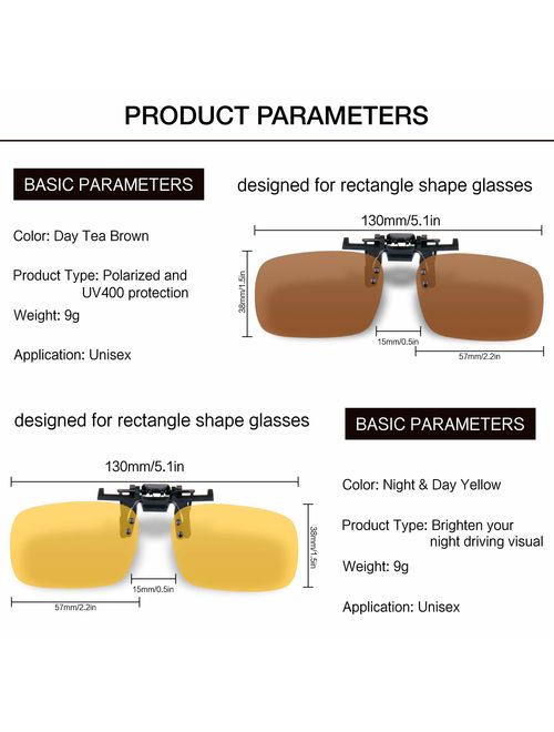 Splaks Clip-on Sunglasses, Unisex Polarized Frameless Rectangle Lens Flip Up Clip on Prescription Sunglasses Eyeglass, 2-Piece Clip on Glasses