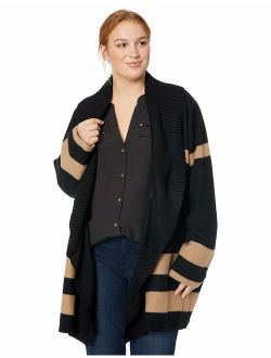 Women's Plus Size Colorblock Cardigan with Ribbed Trim