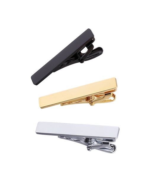 AnotherKiss Men's Skinny Tie Clip Set with Gold Silver Black 3 Tone, 1.5 Inches