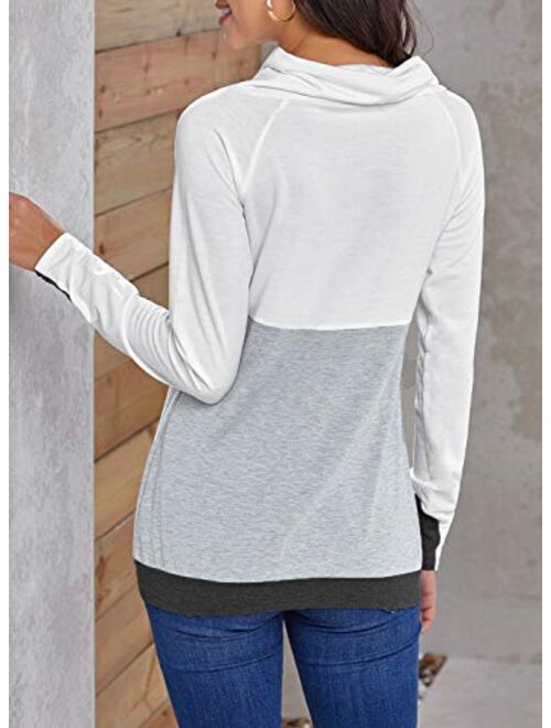 ROSKIKI Women Cowl Neck Casual Tunic Sweatshirts Drawstring Long Sleeve Color Block Patchwork Pullover Tops