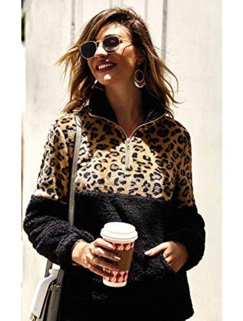 Angashion Womens Long Sleeve Half Zip Up Warm Fuzzy Leopard Print Patchwork Fleece Pullover Tops with Pocket for Winter