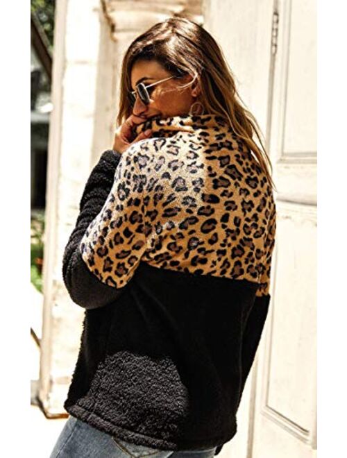 Angashion Womens Long Sleeve Half Zip Up Warm Fuzzy Leopard Print Patchwork Fleece Pullover Tops with Pocket for Winter