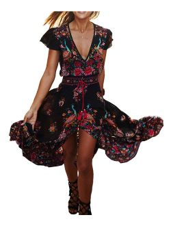 R.Vivimos Women's Summer Vintage Floral Print Deep V Neck High Low Long Dresses