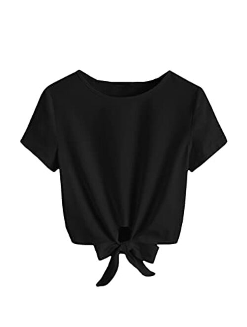 Romwe Women's Knot Front Cuffed Sleeve Striped Crop Top Tee T-Shirt