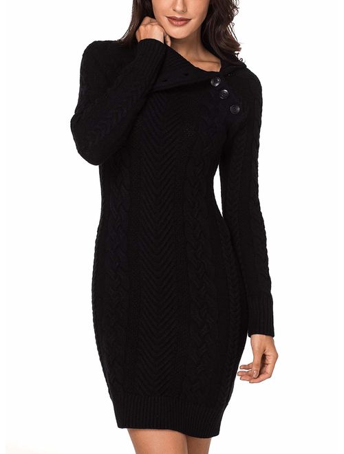 Malaven Women Hand Knitted Sweaters Stretchable Long Sleeve Midi Knee Length Bodycon Sweater Dress
