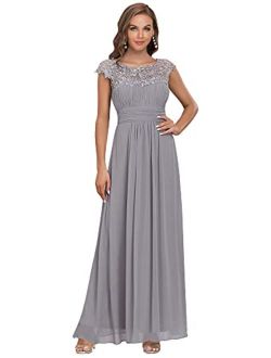 Womens Cap Sleeve Lace Neckline Ruched Bust Evening Gown 09993