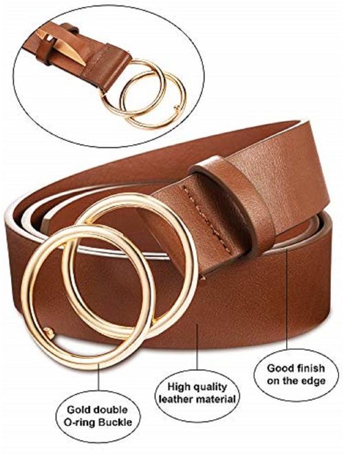 Syhood 2 Pack Women's Leather Belts for Jeans Dresses Fashion Ladies Belt with Gold Double Ring Buckle Brown Black