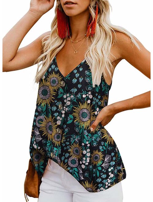 Coloody Women's Button Down V Neck Floral Print Strappy Cami Tank Tops Loose Casual Sleeveless Shirts Blouses