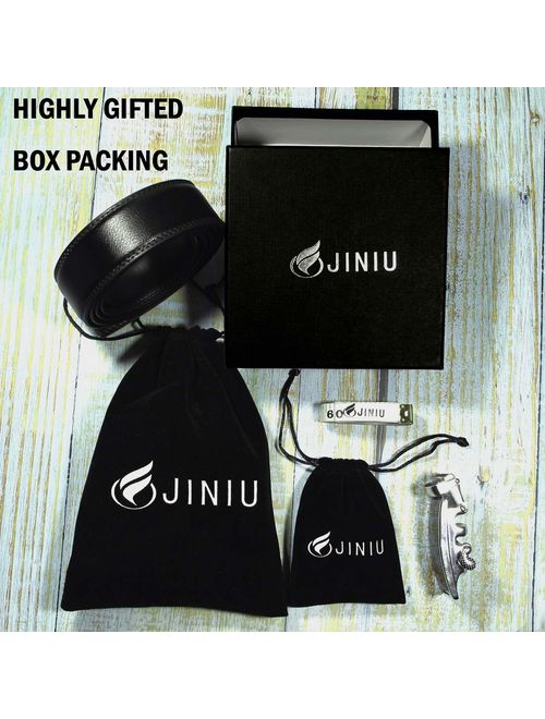 JINIU Mens Leather Belt Automatic Buckle 35mm Ratchet Dress Black Belts Boxed