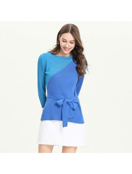 Easting-Leo Women's Casual Long Sleeve Sweater Loose Knit Crew Neck Wool Pullover Stitching Color Winter Warm Tops