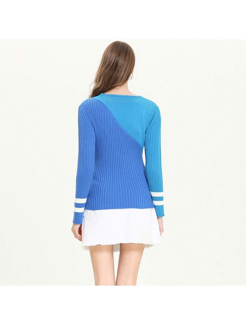 Easting-Leo Women's Casual Long Sleeve Sweater Loose Knit Crew Neck Wool Pullover Stitching Color Winter Warm Tops