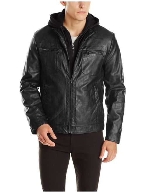 Kenneth Cole REACTION Men's Marble Faux-Leather Moto Jacket with Hood