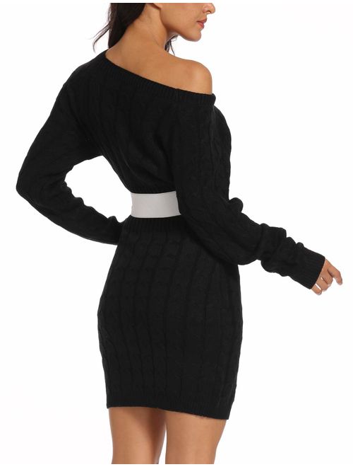 Donnalla Womens Sweater Dress Knee Length Bodycon Round Neck Knit Pullover Sweater