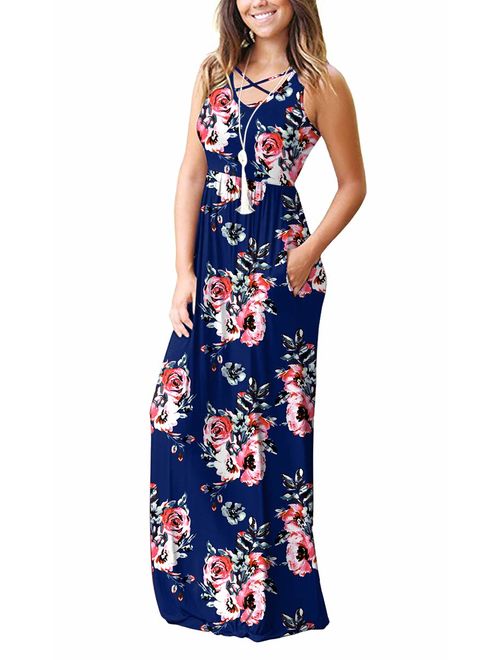 LILBETTER Floral Sleeveless Racerback Loose Casual Long Maxi Dresses with Pockets