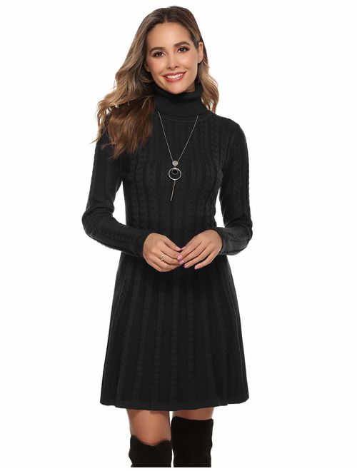 Abollria Womens Long Sleeve Cable Knitted Mock Turtleneck/Crewneck Aline Sweater Dress