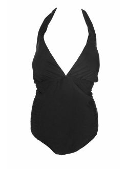 Womens Side-Pleated Halter One-Piece Swimsuit 14 Black
