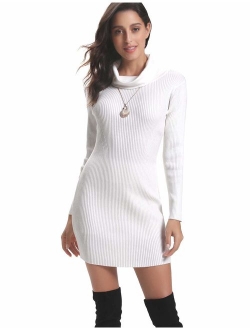 Aibrou Women Long Sleeve Turtleneck Cable Knit Sweater Dress Slim Pullover