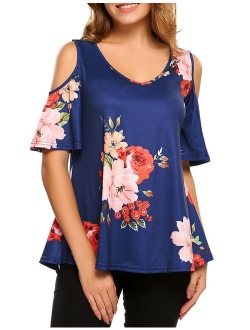 Sherosa Women's Floral Print Cut Out Shoulder Short Sleeve T Shirt Tops Blouse