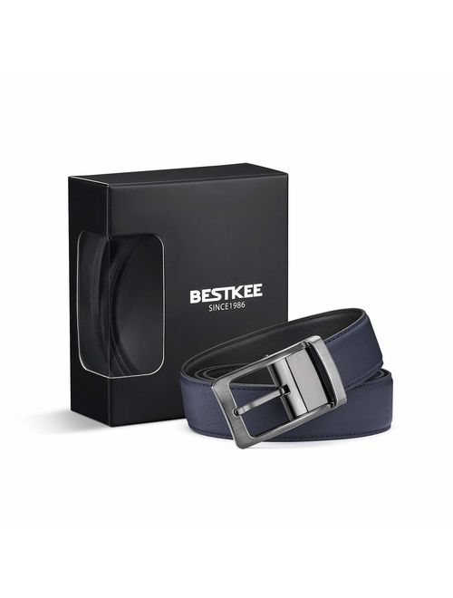 Belt for Men, Bestkee Men's Leather Belt Reversible and Adjustable, Genuine Leather Mens Dress Belt with Rotated Buckle