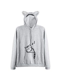 Lziizl Women Girl Hoodies Cute Cat Ear Novelty Printed Pullover Sweatshirt