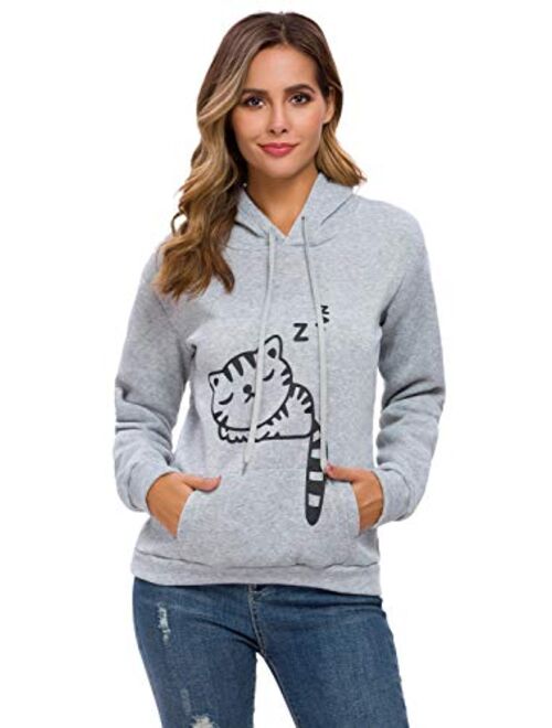 Lziizl Women Girl Hoodies Cute Cat Ear Novelty Printed Pullover Sweatshirt