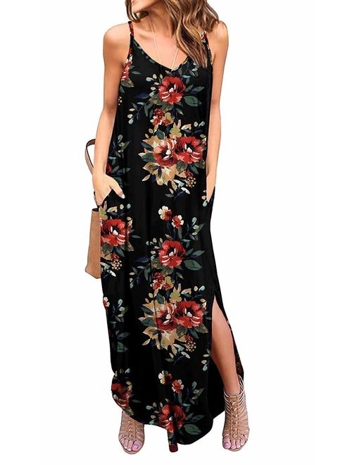 Womens Summer Casual Loose Dresses Sleeveless Floral Plus Size Beach Cover Up Long Maxi Dress with Pockets