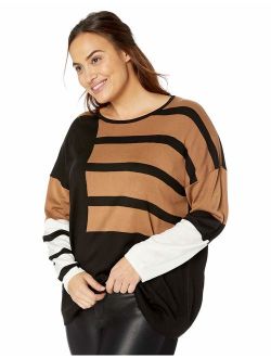Women's Plus Size Stripe Color Block Crewneck Sweater