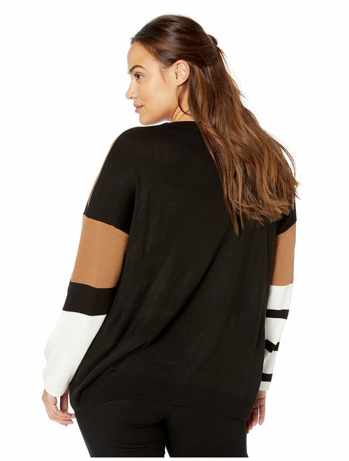 Calvin Klein Women's Plus Size Stripe Color Block Crewneck Sweater