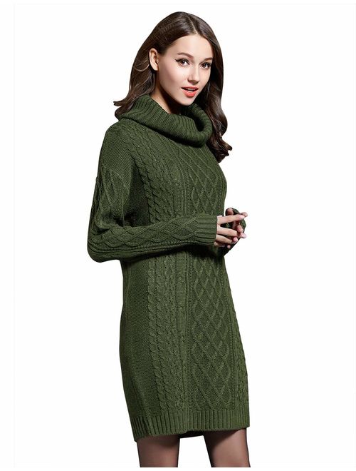 LOMON Women's Sweater Dress Cable Knit Slim Fit Turtleneck Sweater Pullover Sweater Dress