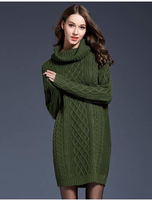 LOMON Women's Sweater Dress Cable Knit Slim Fit Turtleneck Sweater Pullover Sweater Dress