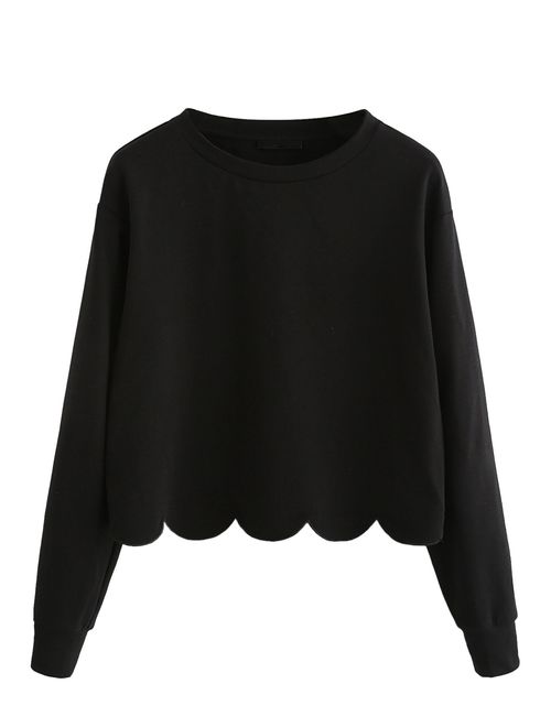 ROMWE Women's Casual Long Sleeve Scalloped Hem Crop Tops Sweatshirt