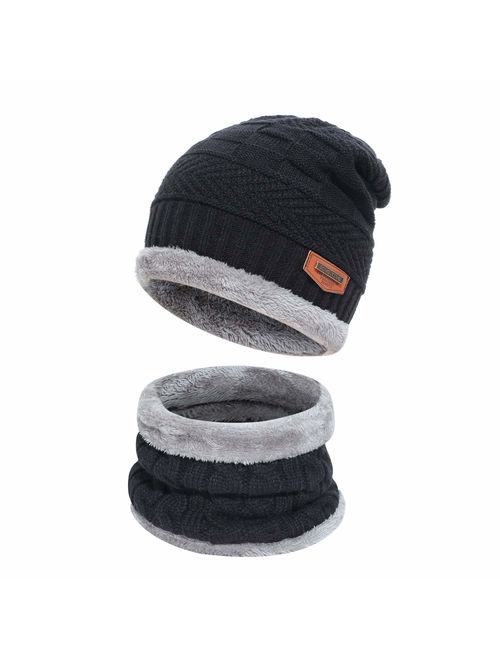 Men's 2-Pieces Winter Beanie Hat Scarf Set Warm Knit Hat Thick Fleece Lined Winter Hat & Touchscreen Gloves for Men Women