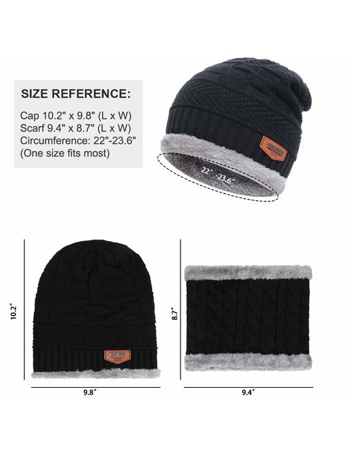 Men's 2-Pieces Winter Beanie Hat Scarf Set Warm Knit Hat Thick Fleece Lined Winter Hat & Touchscreen Gloves for Men Women