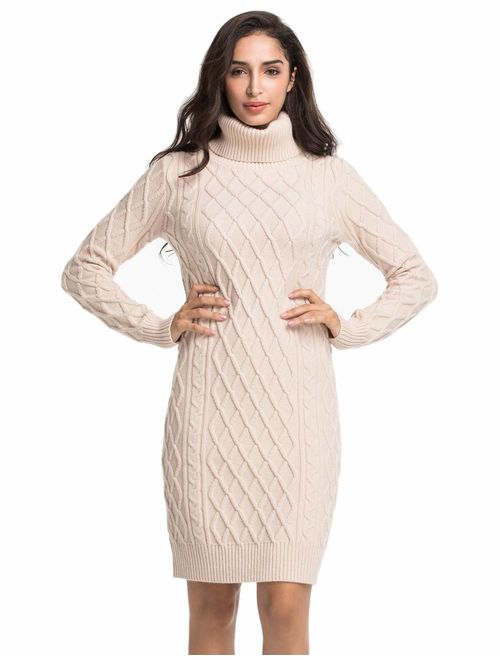 Lynz Pure Women's Turtleneck Sweater Dress Cable Knit Long Sleeve Slim ...