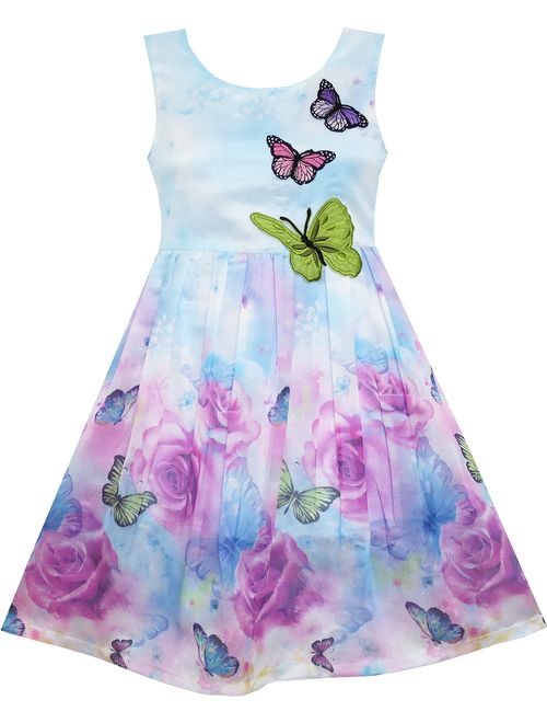 Sunny Fashion Girls Dress Rose Flower Print Embroidery Purple