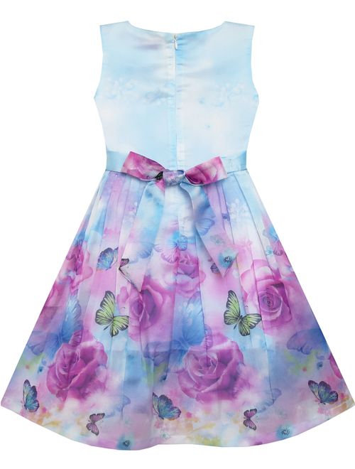 Sunny Fashion Girls Dress Rose Flower Print Embroidery Purple