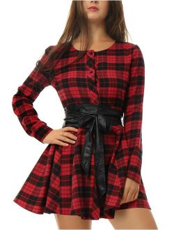 Women's Plaids Long Sleeves Button Down Belted Party Mini A-Line Shirt Dress