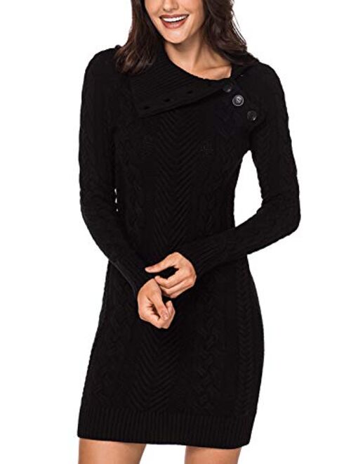 Eytino Women Asymmetric Buttoned Collar Knit Stretchable Elasticity Long Sleeve Slim Fit Sweater Dress
