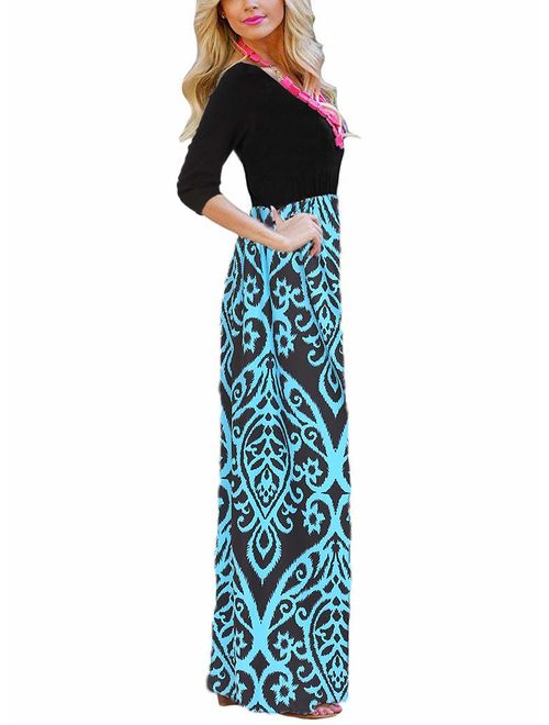 OURS Women's Casual 3/4 Sleeve Floral Print Dresses Party Long Maxi Dresses with Pockets