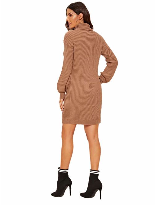 MAKEMECHIC Women's Solid High Neck Geo and Cable Knit Loose Sweater Dress