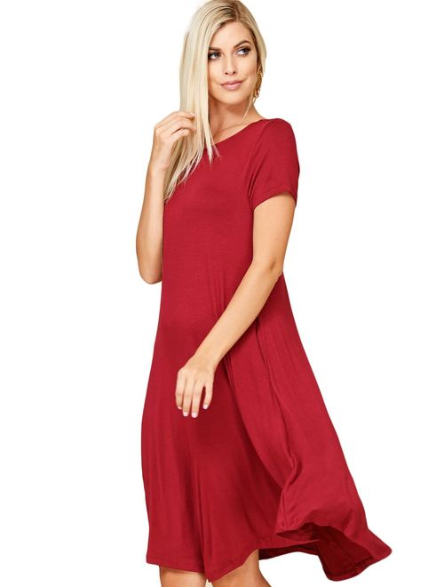 Annabelle Women's Comfy Short Sleeve Scoop Neck Swing Dresses with Pockets