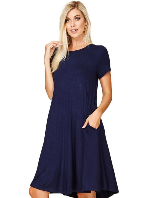Annabelle Women's Comfy Short Sleeve Scoop Neck Swing Dresses with Pockets