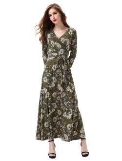 Aphratti Women's Fall Casual Faux Wrap V Neck Floral Long Maxi Dress