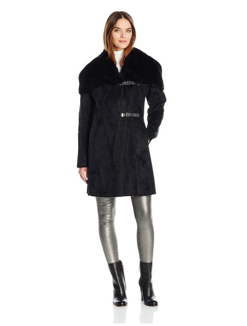 Calvin Klein Women's Faux Shearling Coat with Buckle Closure