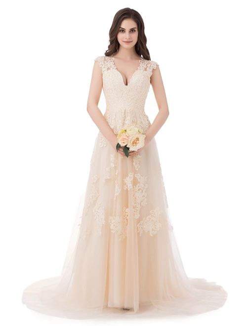 V-Neckline Tulle and Lace Wedding Dresses Key Hole Back Birdal Dress with Sweep Train