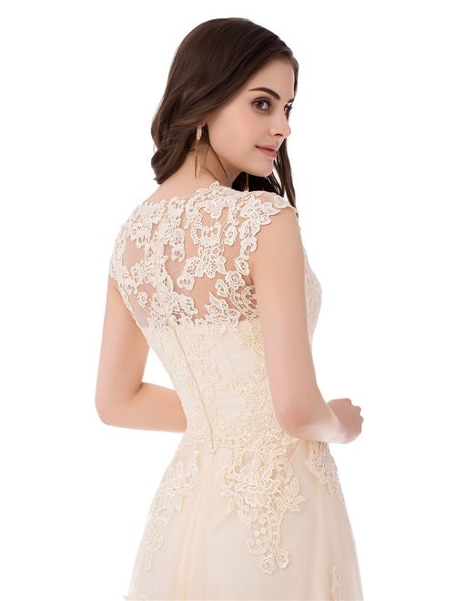 V-Neckline Tulle and Lace Wedding Dresses Key Hole Back Birdal Dress with Sweep Train