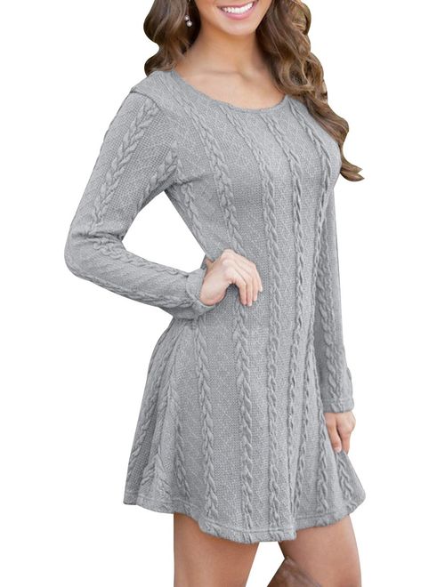YMING Women's Cable Knit Crewneck Sweater Dress Casual Fall Pullover Top