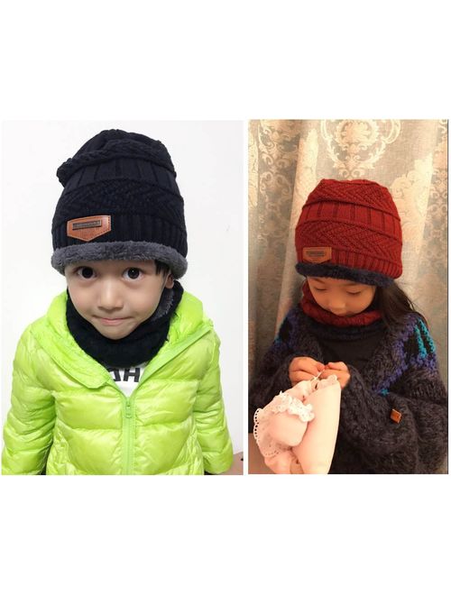 Winter Beanie Scarf for Boys Girls (5-14 Years) Hats Circle Scarf Kids Slouchy Skull Cap