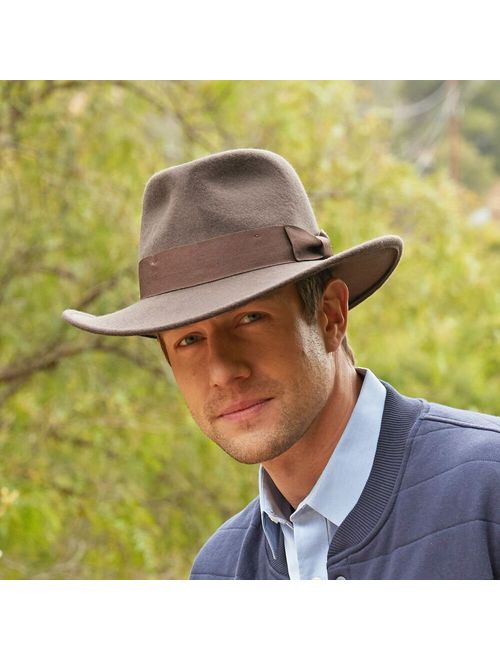 Indiana Jones Men's Wool Felt Water Repellent Outback Fedora with Grosgrain